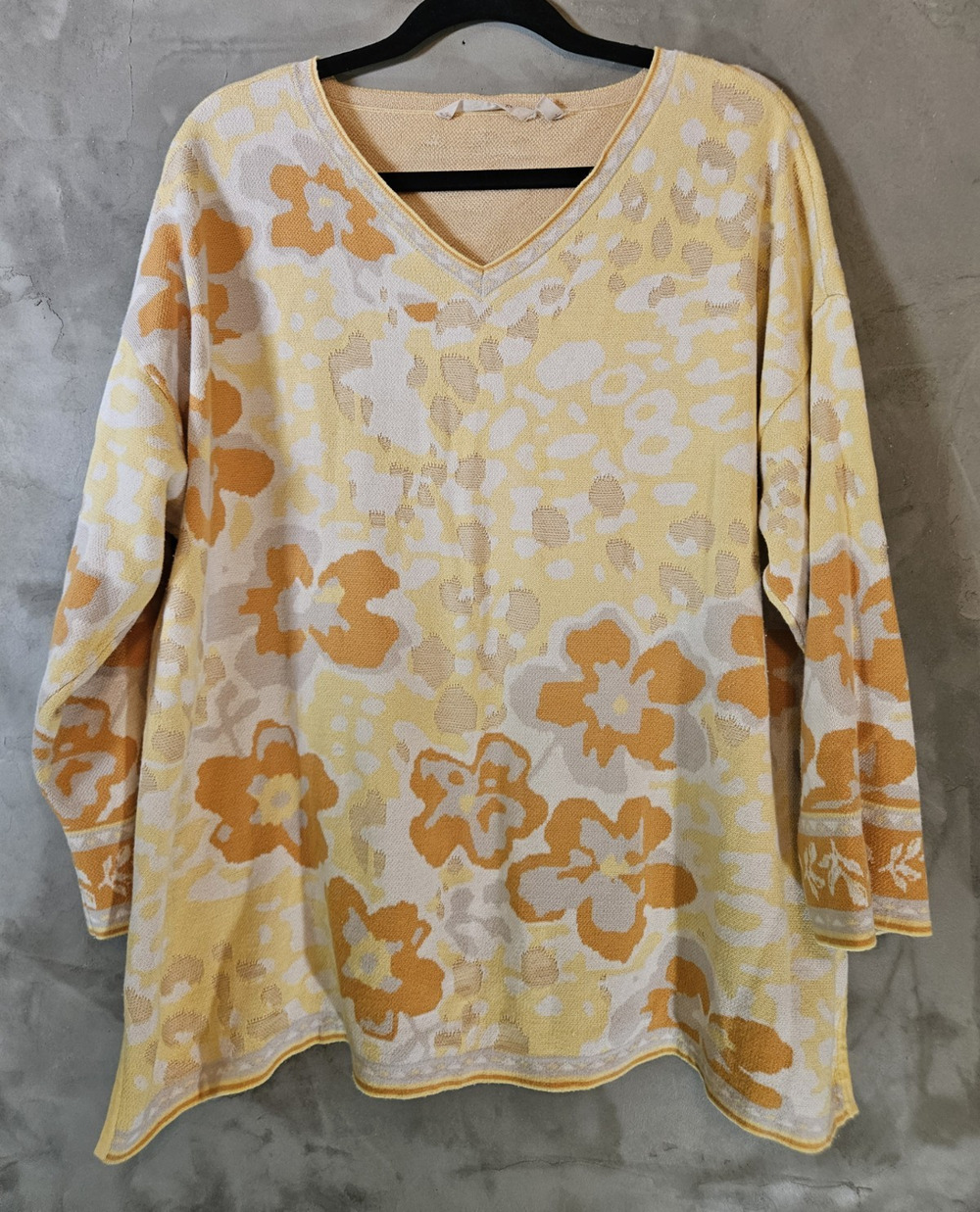 Soft Surroundings Womens Knit V-Neck Pullover Sweater Floral Yellow/White 1X
